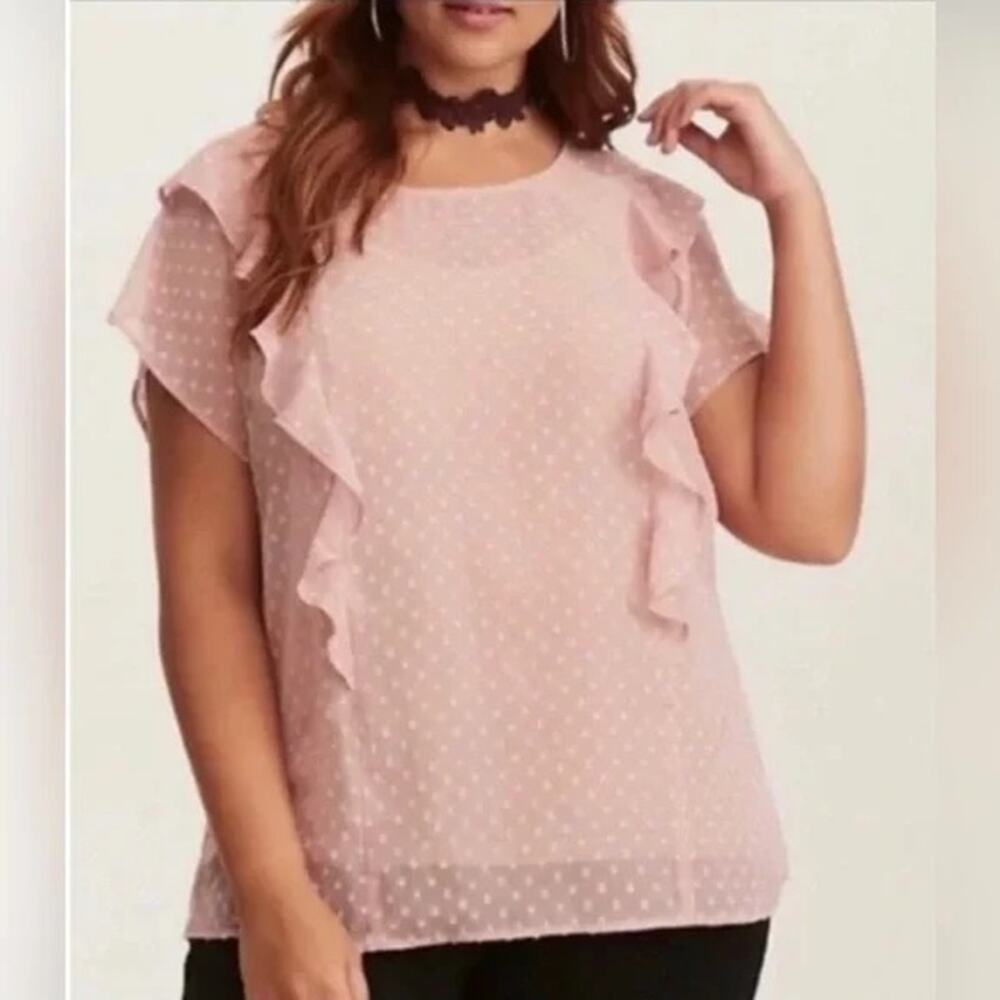 Torrid Blush Pink Swiss Dot Sheer Chiffon Ruffle Short Sleeve Blouse